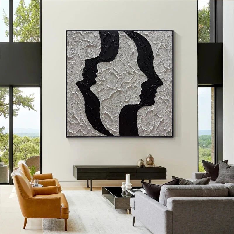 Face to Face Wall Art – Black & White Textured Couple Painting#yy825203