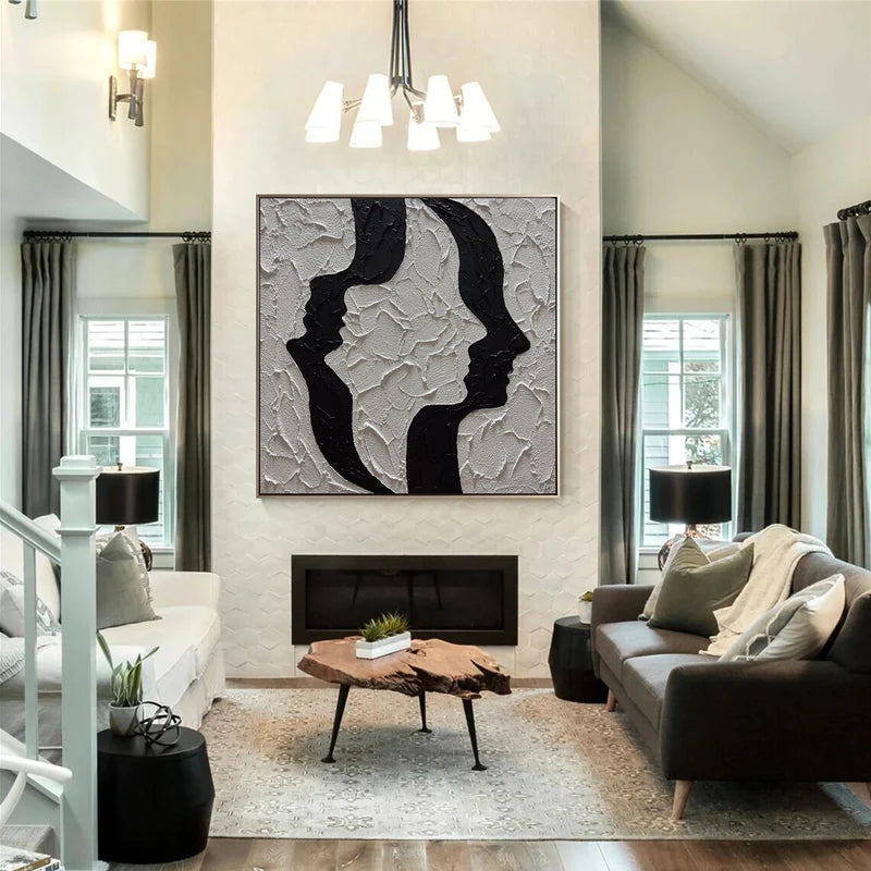 Face to Face Wall Art – Black & White Textured Couple Painting#yy825203