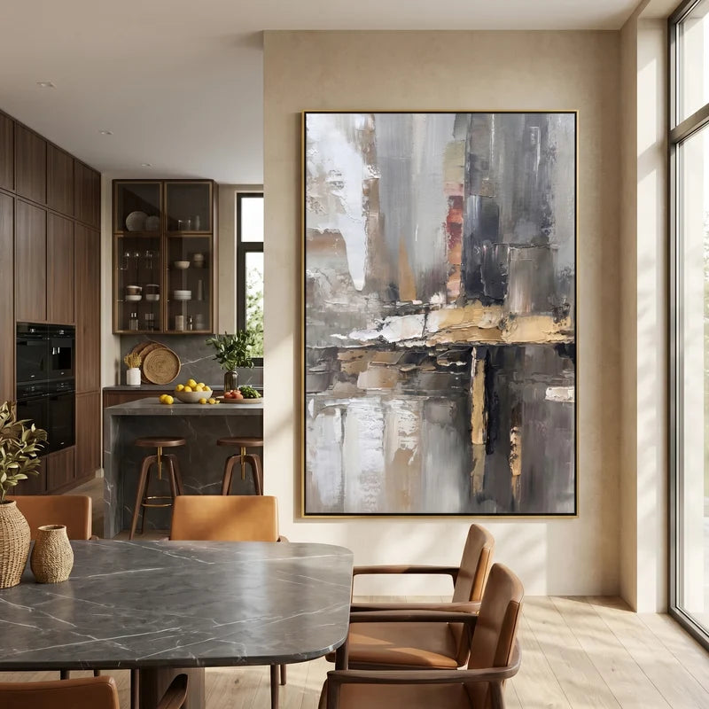 Urban Abstract Wall Art – Gray, Beige & Gold Painting#yy825204