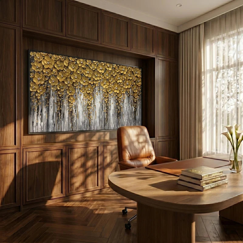 Golden Blossom Wall Art – Textured Modern Floral Painting#yy825205