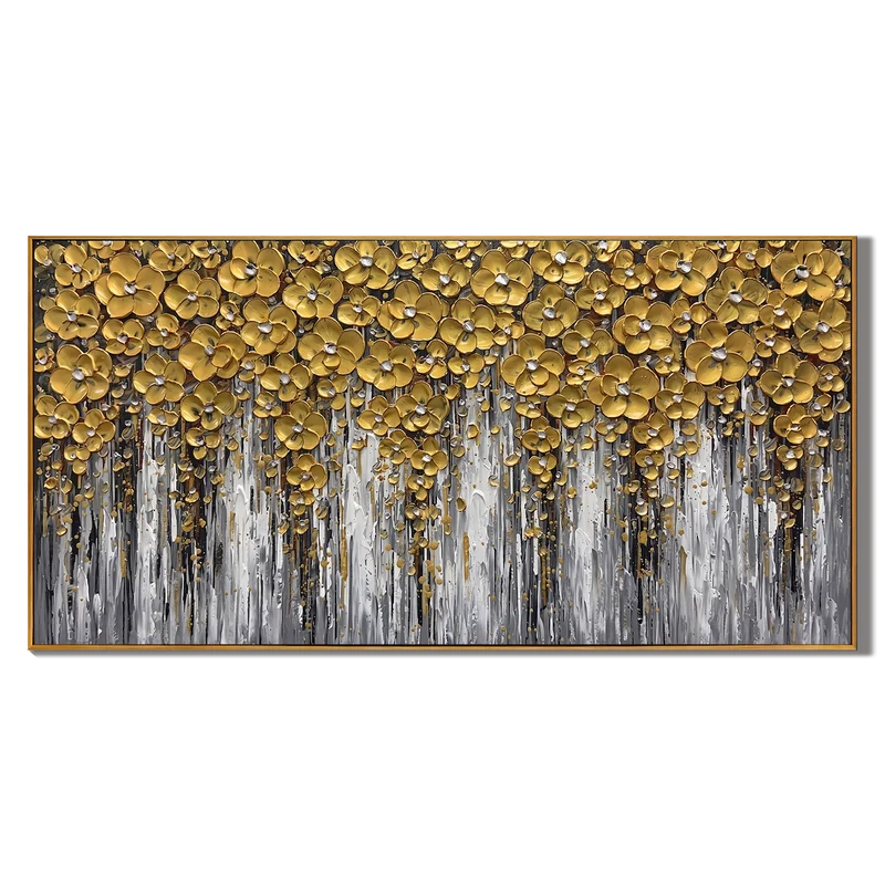 Golden Blossom Wall Art – Textured Modern Floral Painting#yy825205