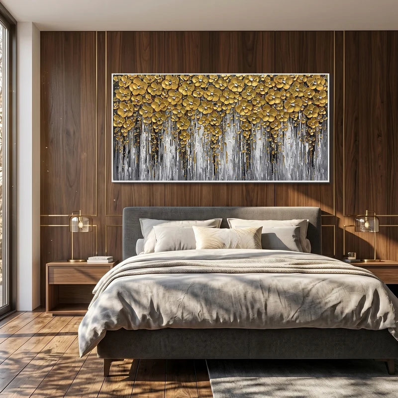 Golden Blossom Wall Art – Textured Modern Floral Painting#yy825205