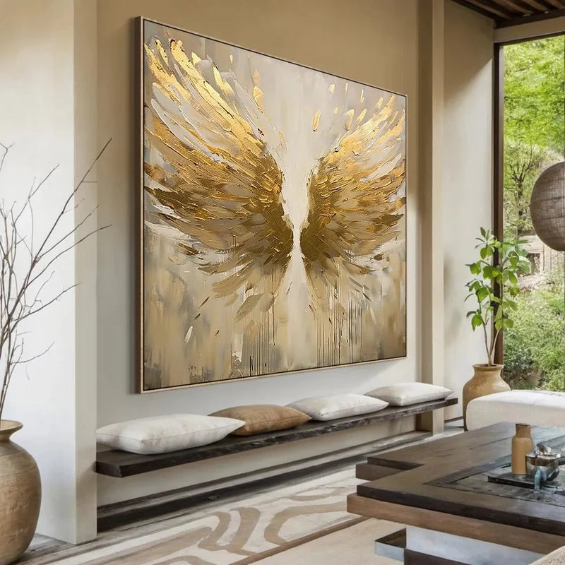Golden Wings Abstract Wall Art – Neutral Modern Artwork#yy825206