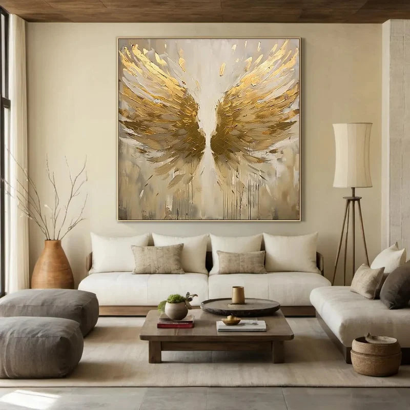 Golden Wings Abstract Wall Art – Neutral Modern Artwork#yy825206
