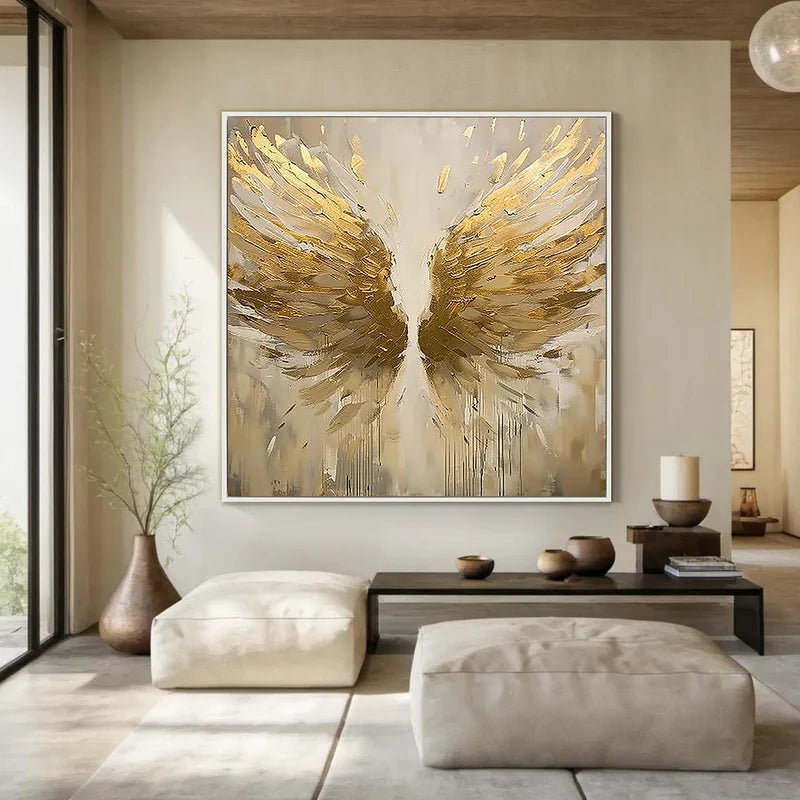 Golden Wings Abstract Wall Art – Neutral Modern Artwork#yy825206