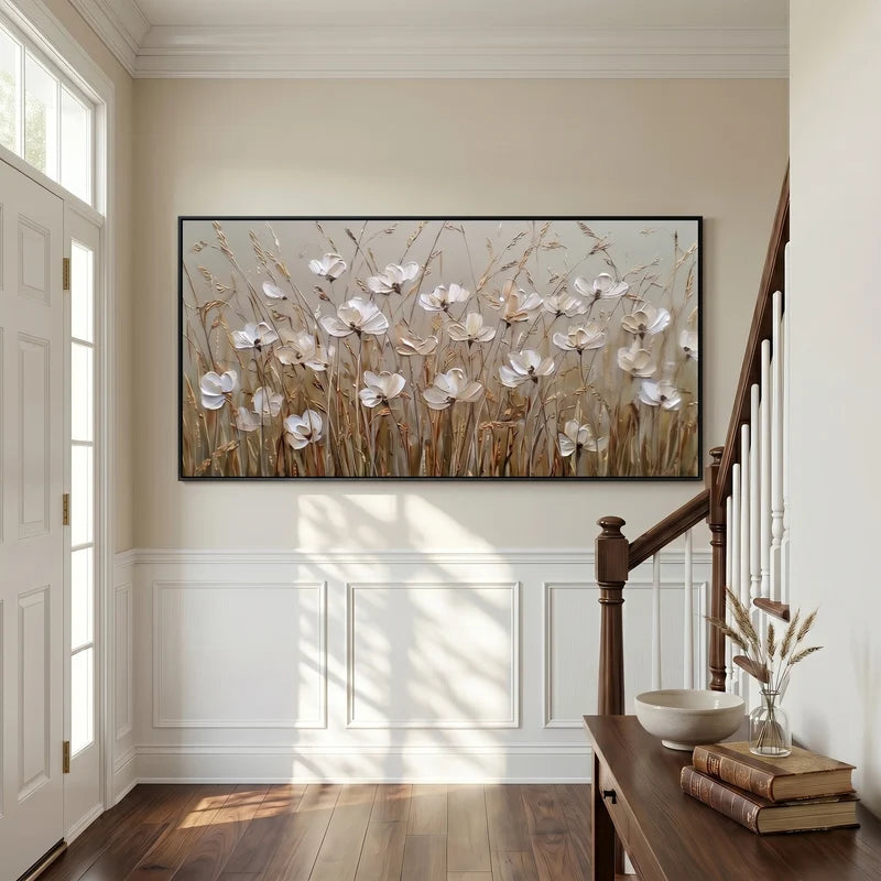 White Wildflower Wall Art – Neutral Textured Floral Painting#yy825209