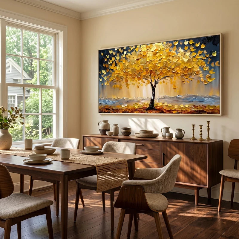 Golden Autumn Tree Wall Art – Textured Landscape Painting#yy825211