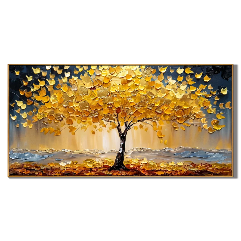 Golden Autumn Tree Wall Art – Textured Landscape Painting#yy825211
