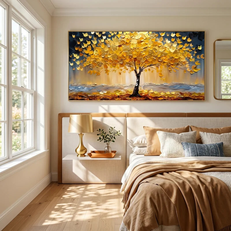Golden Autumn Tree Wall Art – Textured Landscape Painting#yy825211