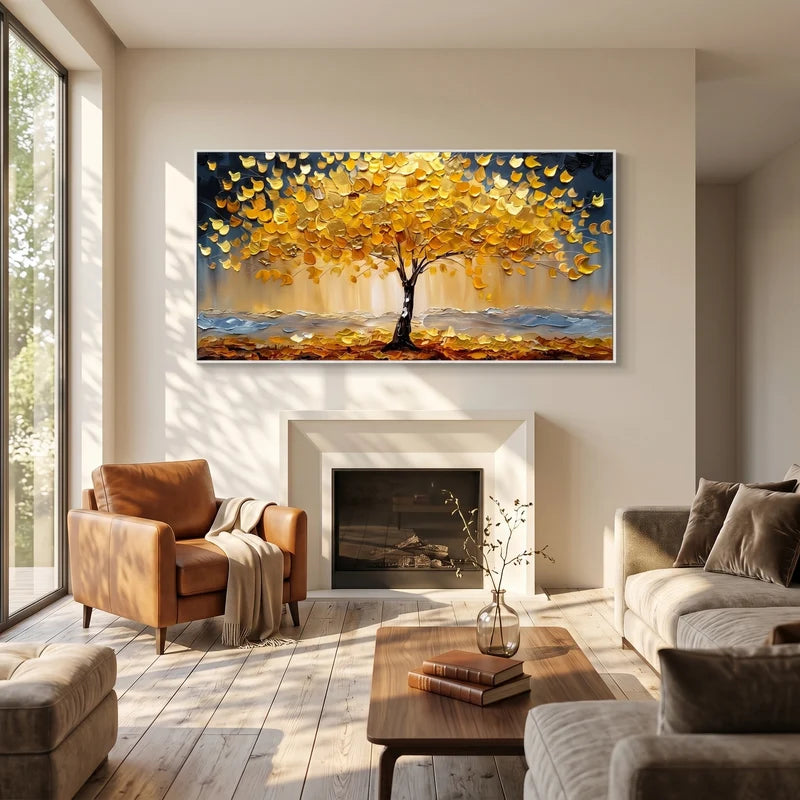 Golden Autumn Tree Wall Art – Textured Landscape Painting#yy825211