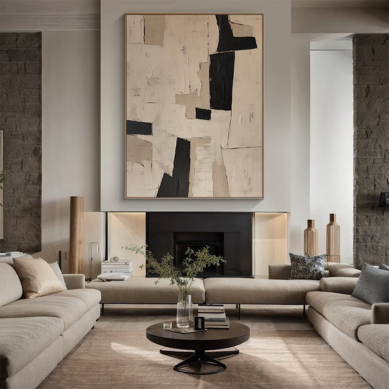 Monochrome Balance – Minimalist Abstract Wall Art in Black, Beige and Cream#AB14034