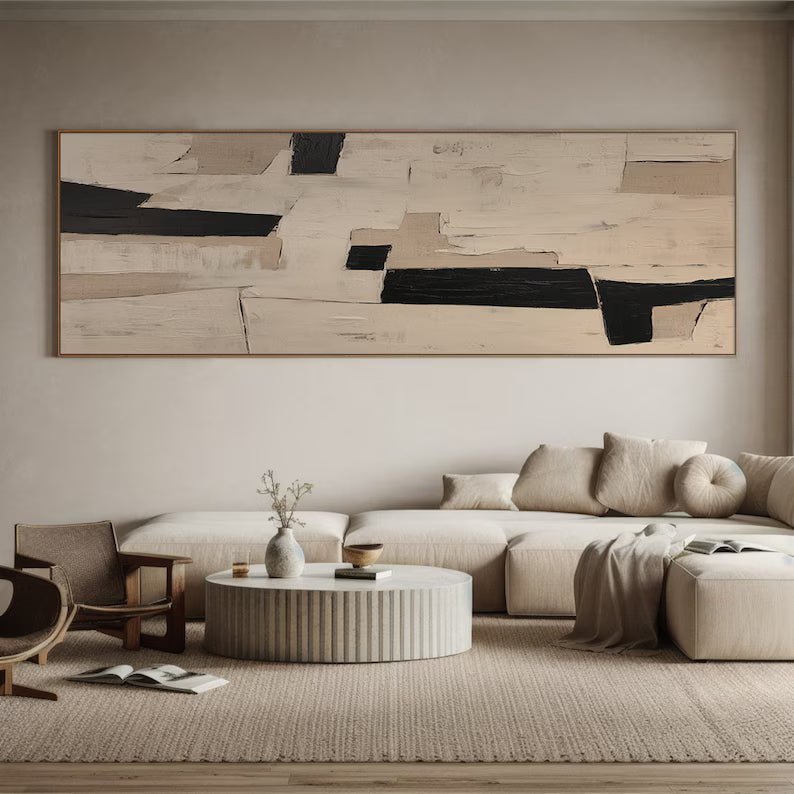 Monochrome Balance – Minimalist Abstract Wall Art in Black, Beige and Cream#AB14034