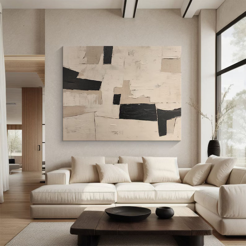 Monochrome Balance – Minimalist Abstract Wall Art in Black, Beige and Cream#AB14034