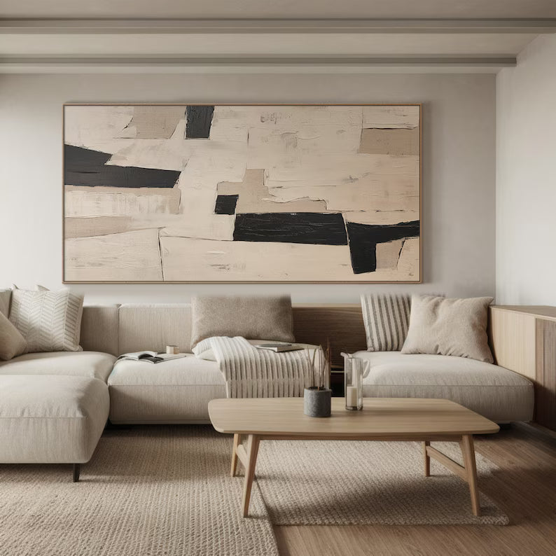 Monochrome Balance – Minimalist Abstract Wall Art in Black, Beige and Cream#AB14034