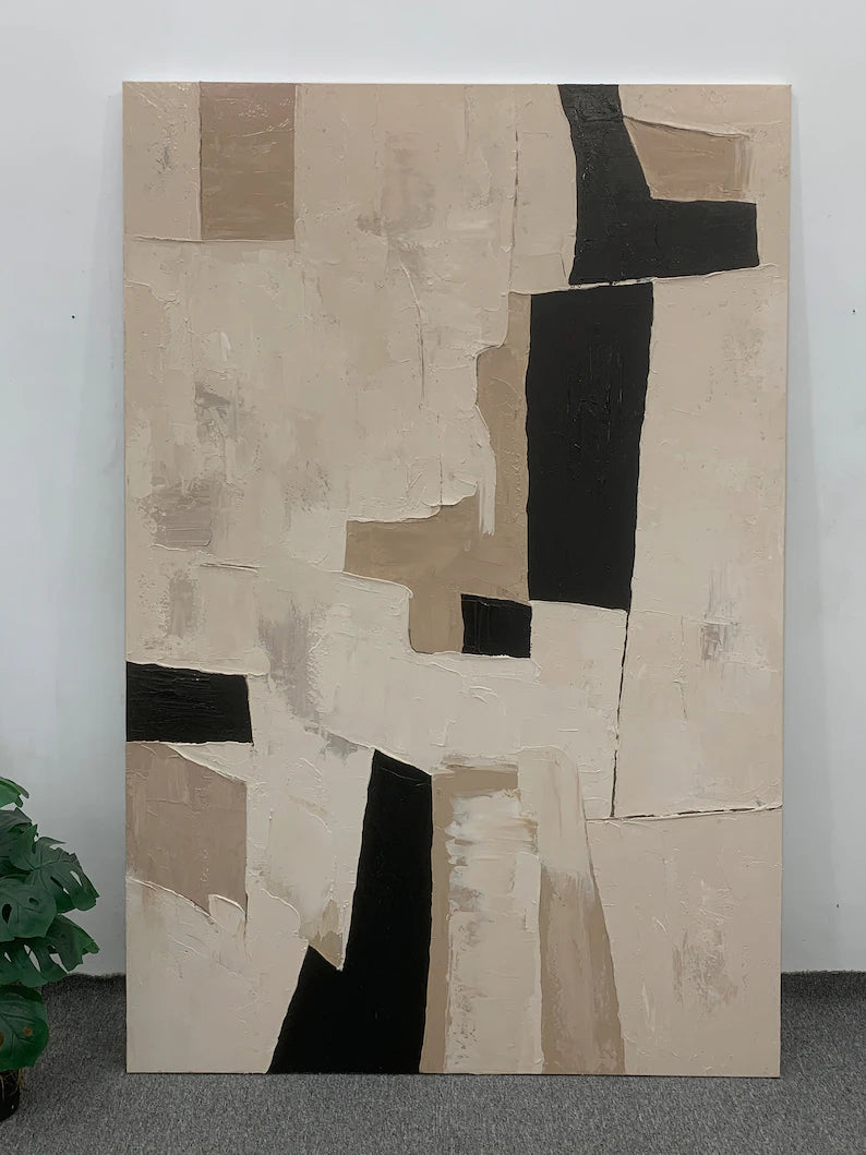 Monochrome Balance – Minimalist Abstract Wall Art in Black, Beige and Cream#AB14034