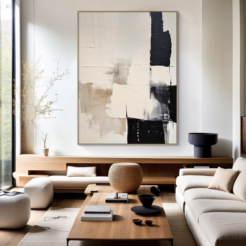 Balanced Contrast – Minimalist Abstract Wall Art in Black, Beige and Cream#AB14033