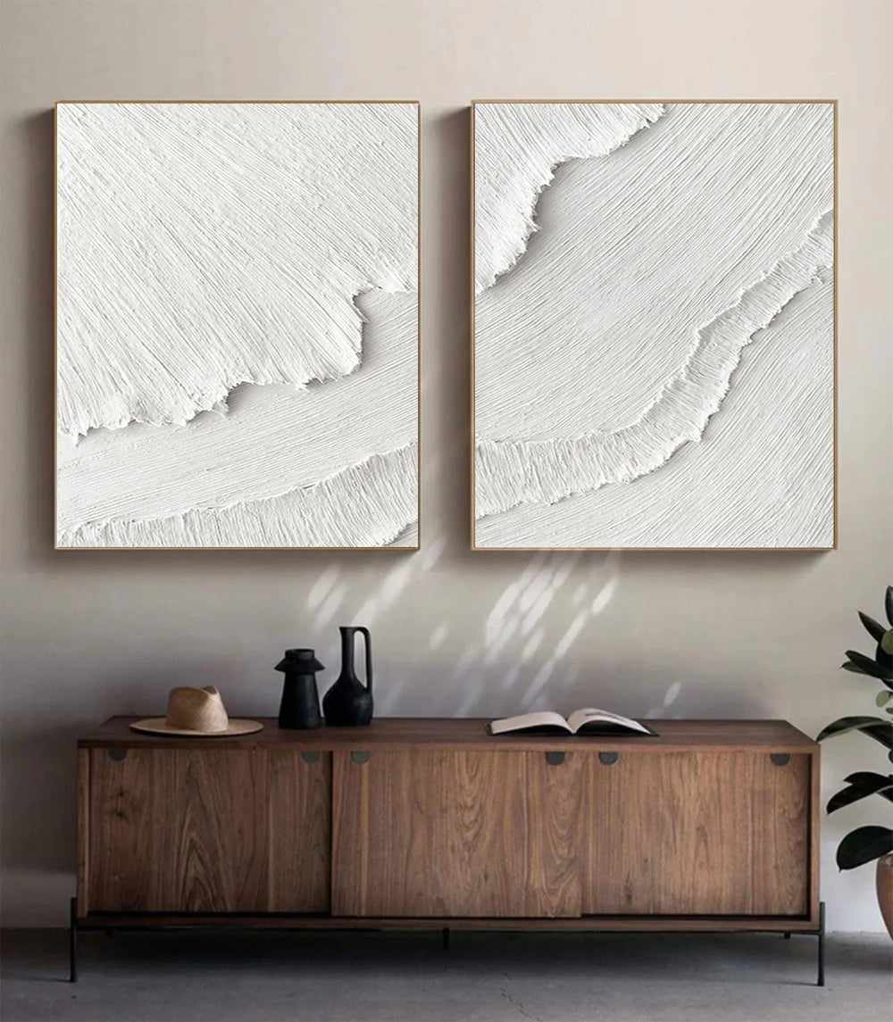 Image showcasing White Plaster 3D Textured Minimalist Abstract Art on Canvas SET OF 2