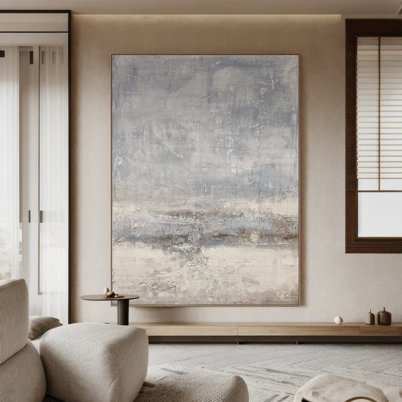 Silent Horizon – Neutral Blue Gray Abstract Wall Art with Soft Textured Finish#AB14029