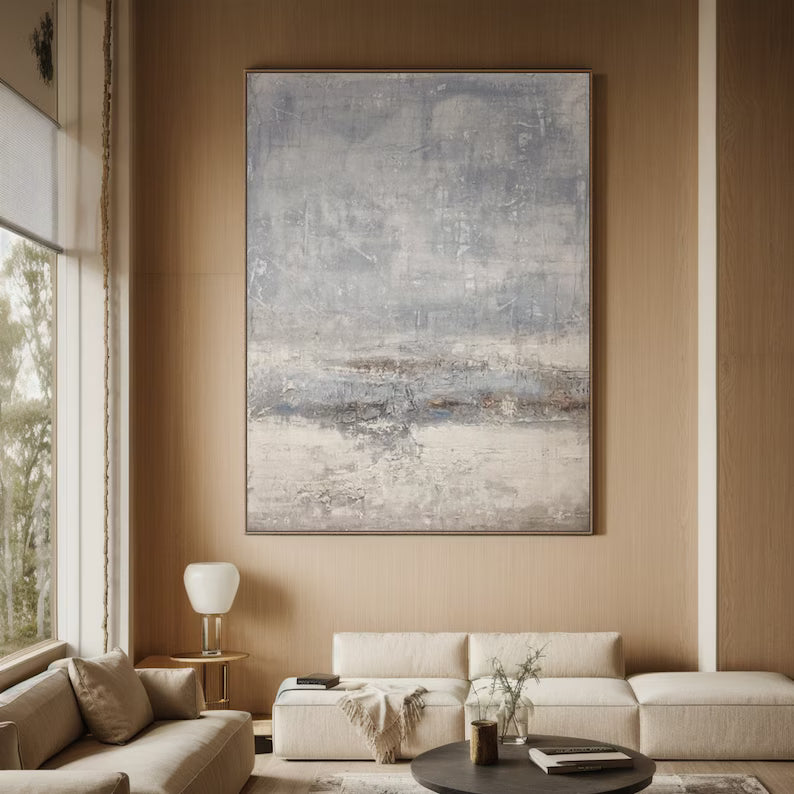 Silent Horizon – Neutral Blue Gray Abstract Wall Art with Soft Textured Finish#AB14029