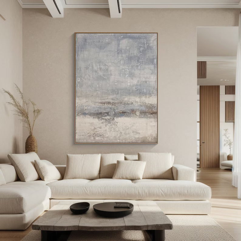 Silent Horizon – Neutral Blue Gray Abstract Wall Art with Soft Textured Finish#AB14029