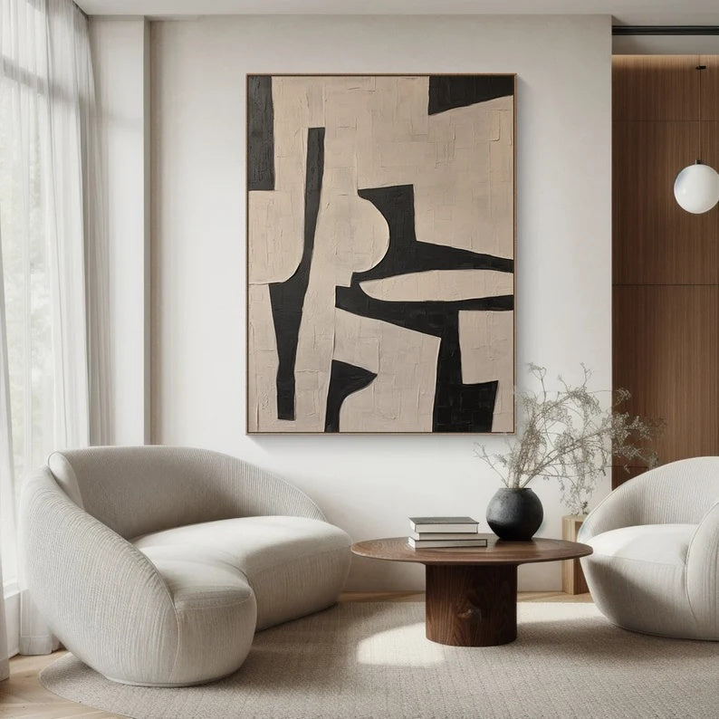 Bold Geometry – Black and Beige Minimalist Abstract Wall Art with Textured Finish#AB14027