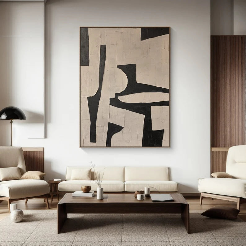 Bold Geometry – Black and Beige Minimalist Abstract Wall Art with Textured Finish#AB14027