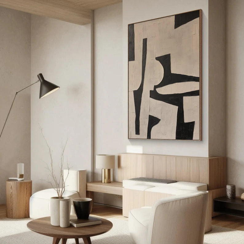 Bold Geometry – Black and Beige Minimalist Abstract Wall Art with Textured Finish#AB14027