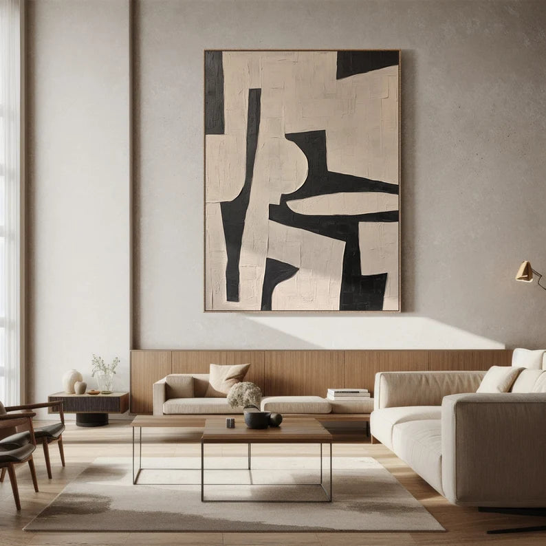 Bold Geometry – Black and Beige Minimalist Abstract Wall Art with Textured Finish#AB14027
