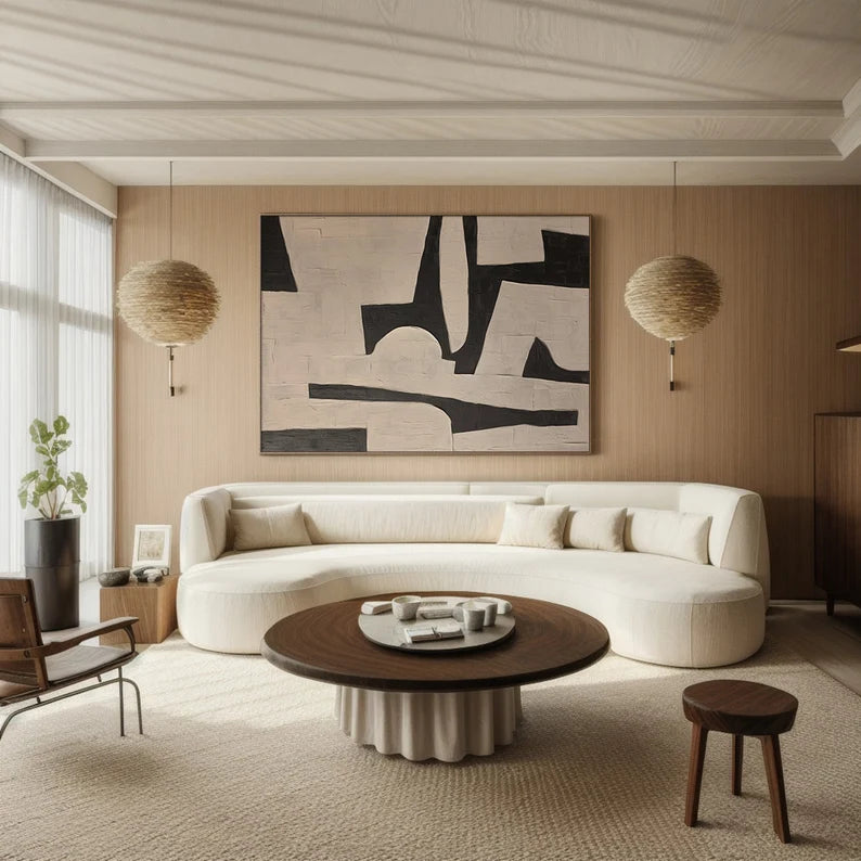 Bold Geometry – Black and Beige Minimalist Abstract Wall Art with Textured Finish#AB14027