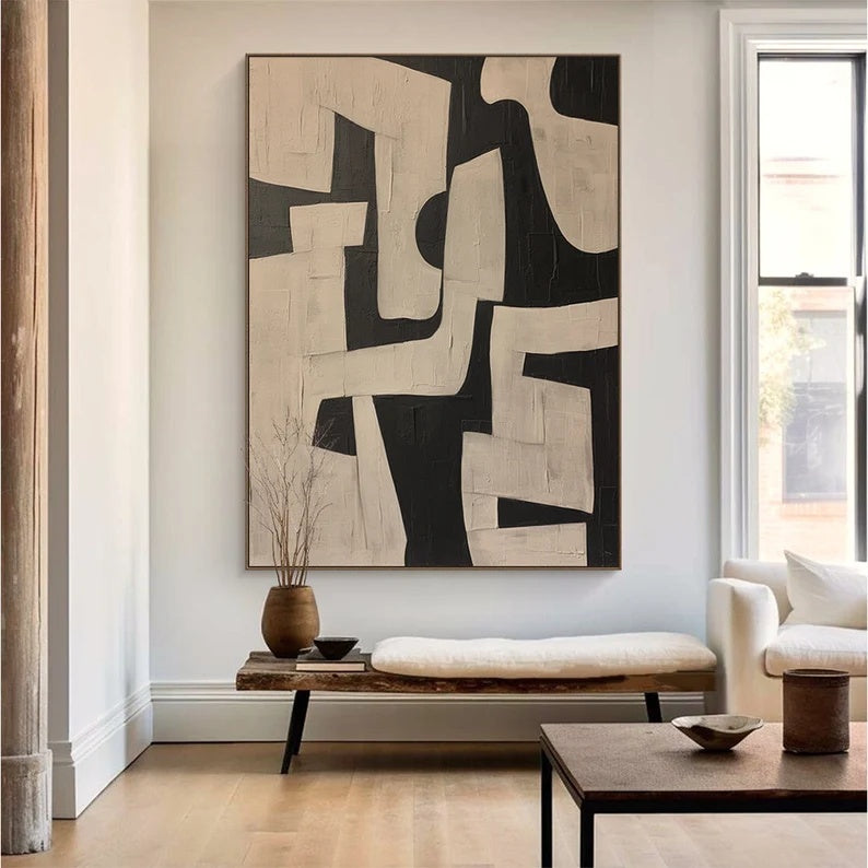 Maze of Forms – Black and Beige Geometric Abstract Wall Art with Textured Finish#AB14026