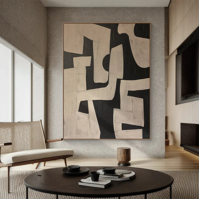 Maze of Forms – Black and Beige Geometric Abstract Wall Art with Textured Finish#AB14026