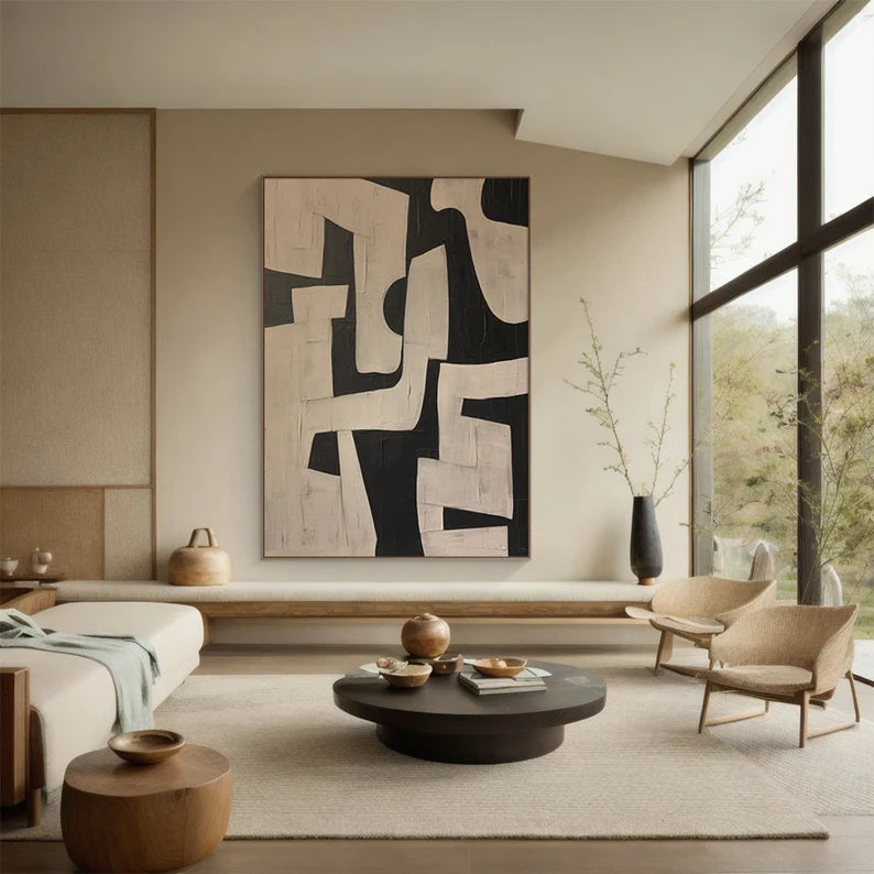 Maze of Forms – Black and Beige Geometric Abstract Wall Art with Textured Finish#AB14026