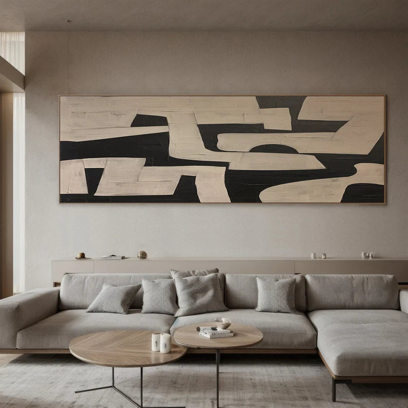 Maze of Forms – Black and Beige Geometric Abstract Wall Art with Textured Finish#AB14026