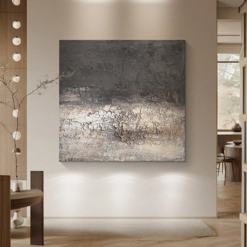 Burnt Horizon – Dark Textured Abstract Wall Art with Cracked Earth Effect#AB14025