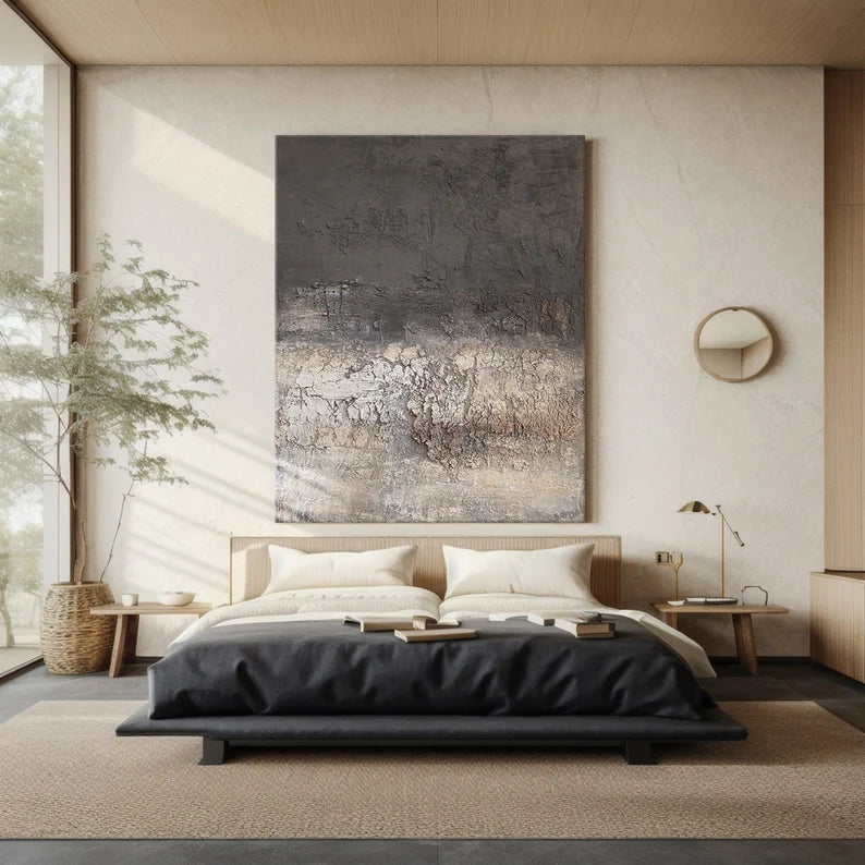 Burnt Horizon – Dark Textured Abstract Wall Art with Cracked Earth Effect#AB14025