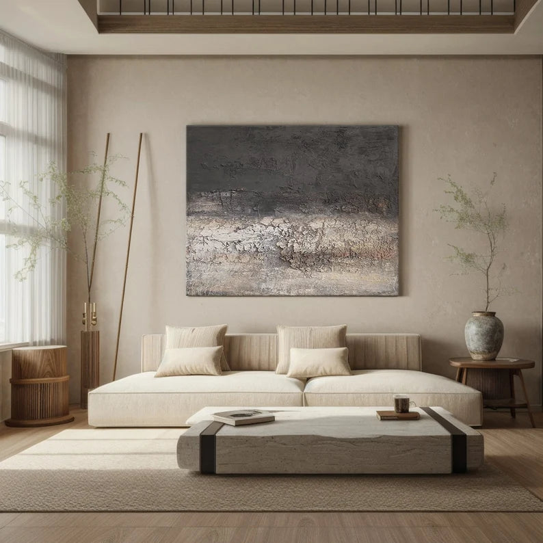 Burnt Horizon – Dark Textured Abstract Wall Art with Cracked Earth Effect#AB14025