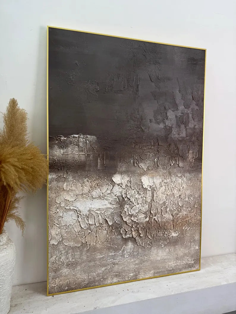 Burnt Horizon – Dark Textured Abstract Wall Art with Cracked Earth Effect#AB14025