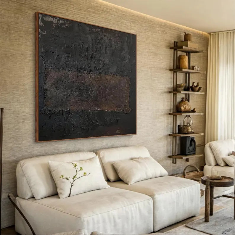 Obsidian Field – Dark Minimalist Textured Abstract Wall Art#AB14024