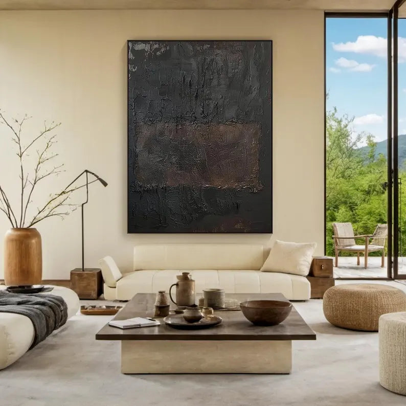 Obsidian Field – Dark Minimalist Textured Abstract Wall Art#AB14024