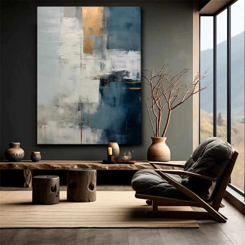 Azure Harmony Abstract Oil Painting – Blue & Gold Textured Wall Ar#AB0519061