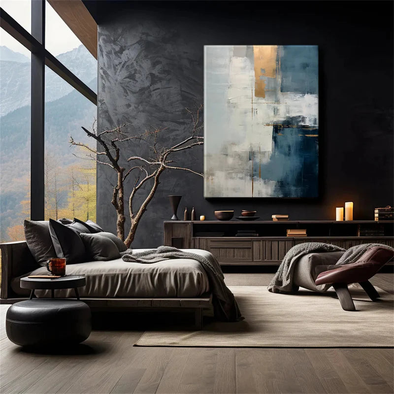 Azure Harmony Abstract Oil Painting – Blue & Gold Textured Wall Ar#AB0519061