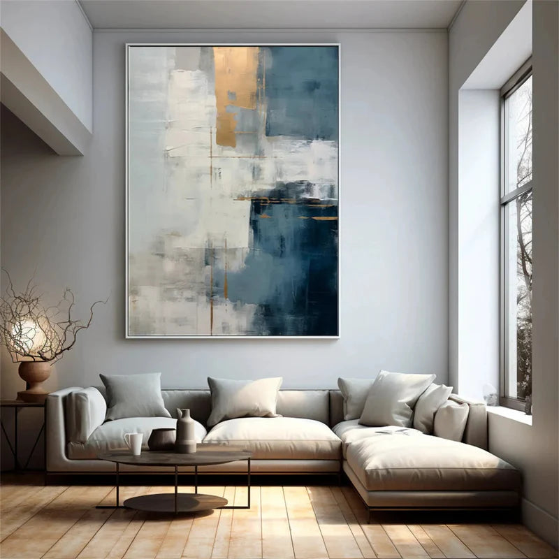 Azure Harmony Abstract Oil Painting – Blue & Gold Textured Wall Ar#AB0519061