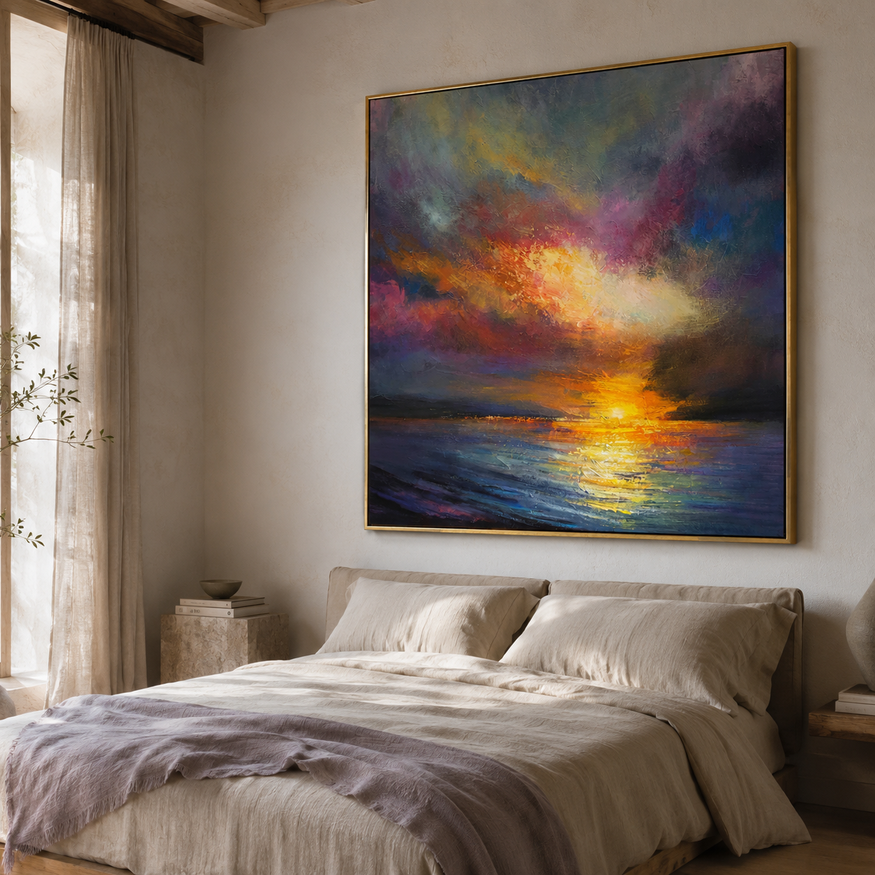 Chromatic Sunset Sea-Modern Minimalist Sunset Sea Sunset Texture Oil Painting Wall Art