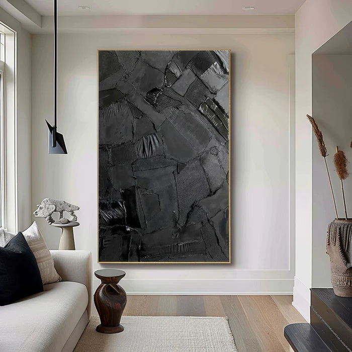Black Textured Abstract Oil Painting - Modern Minimalist Wall Art
