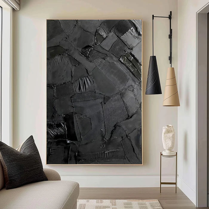 Black Textured Abstract Oil Painting - Modern Minimalist Wall Art