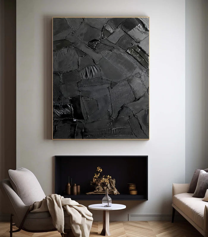 Black Textured Abstract Oil Painting - Modern Minimalist Wall Art