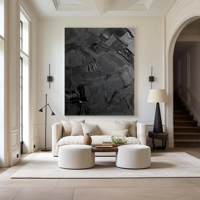 Black Textured Abstract Oil Painting - Modern Minimalist Wall Art