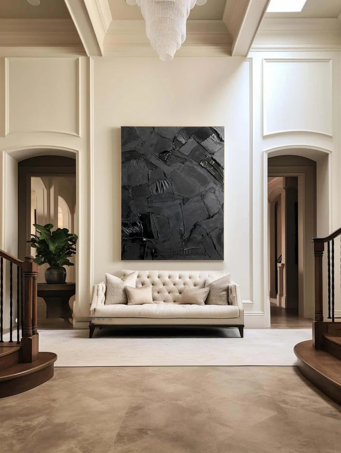 Black Textured Abstract Oil Painting - Modern Minimalist Wall Art