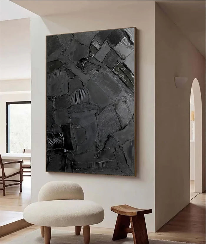 Black Textured Abstract Oil Painting - Modern Minimalist Wall Art