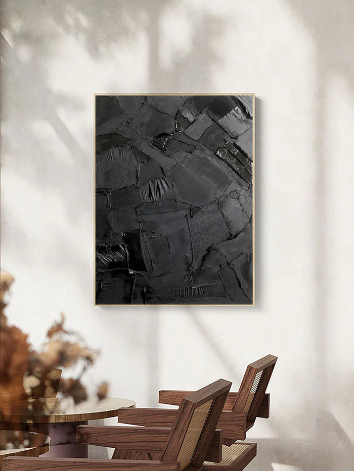 Black Textured Abstract Oil Painting - Modern Minimalist Wall Art